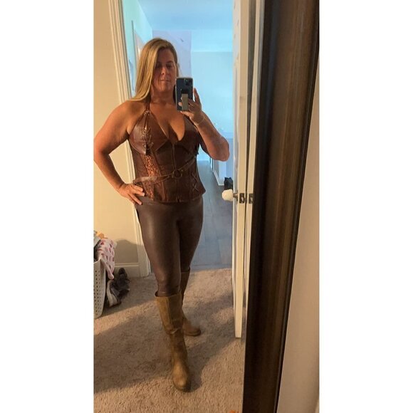 Steampunk Corset Top Steel Boned Underbust Renaissance Brown Leather Cosplay NWT - Picture 10 of 11